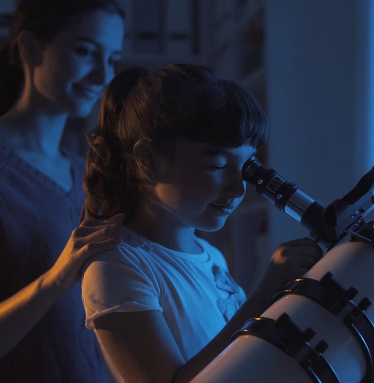 una niña usando un telescopio para principiantes con ayuda de su madre