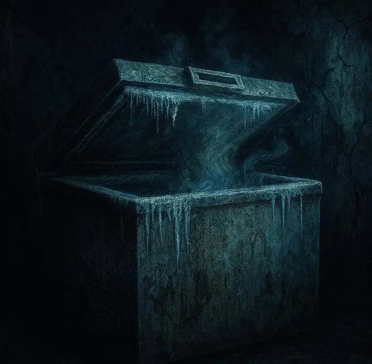 Illustrated horror scene of an old chest freezer with frost on the lid, eerie blue glow.