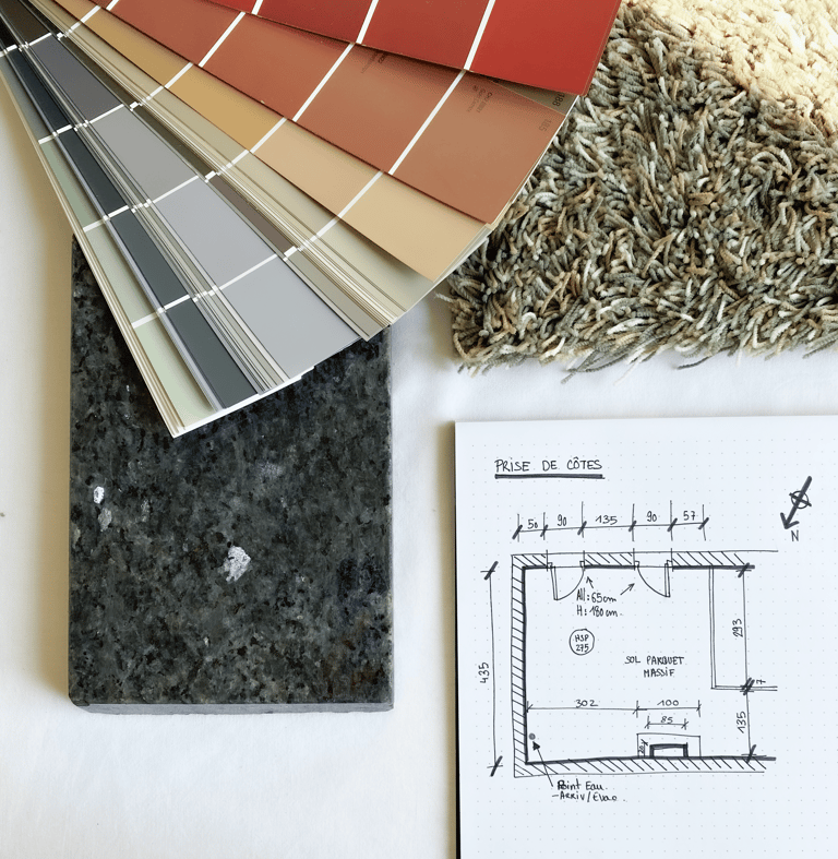 Planche tendance architecture intérieur - échantillons matériaux couleurs et plans techniques 