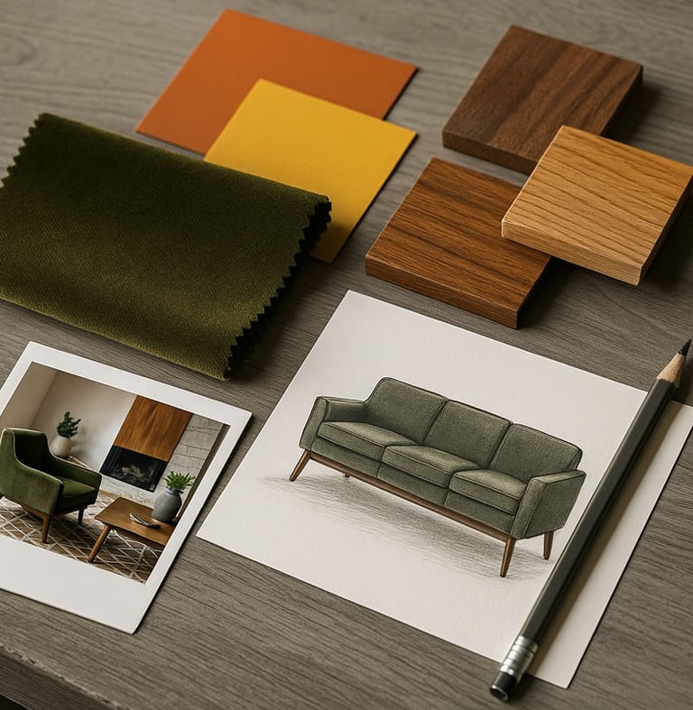 Mood board for custom Mid-Century sofa including sketches, fabrics, and color samples