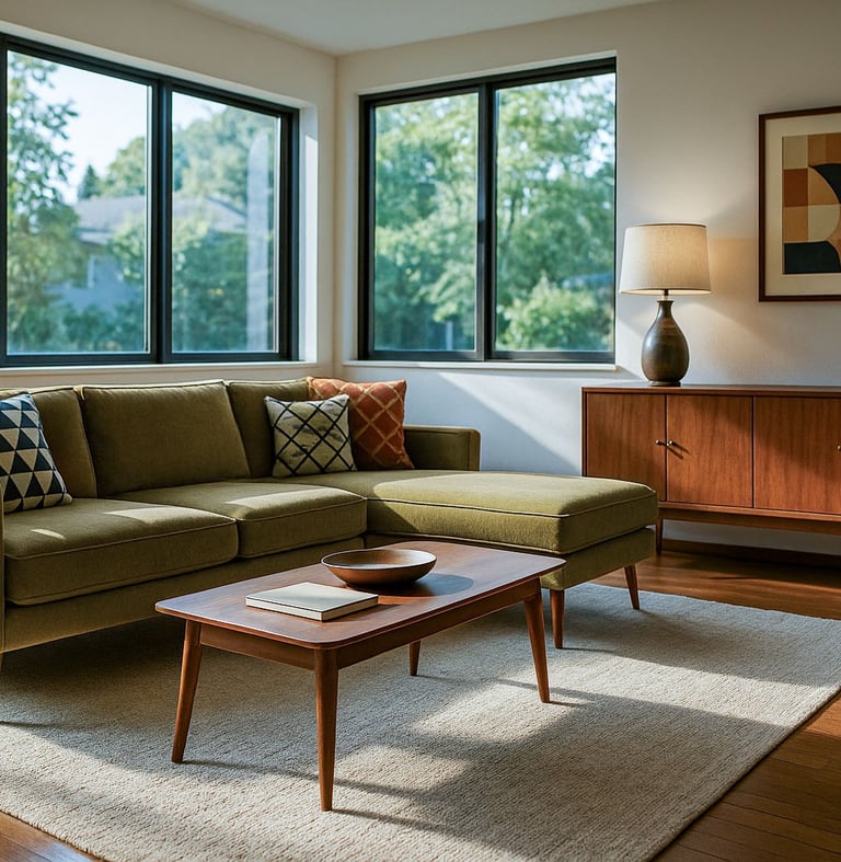 Mid-Century Modern living room with mustard sofa, chaise, walnut furniture, and large sunlit windows