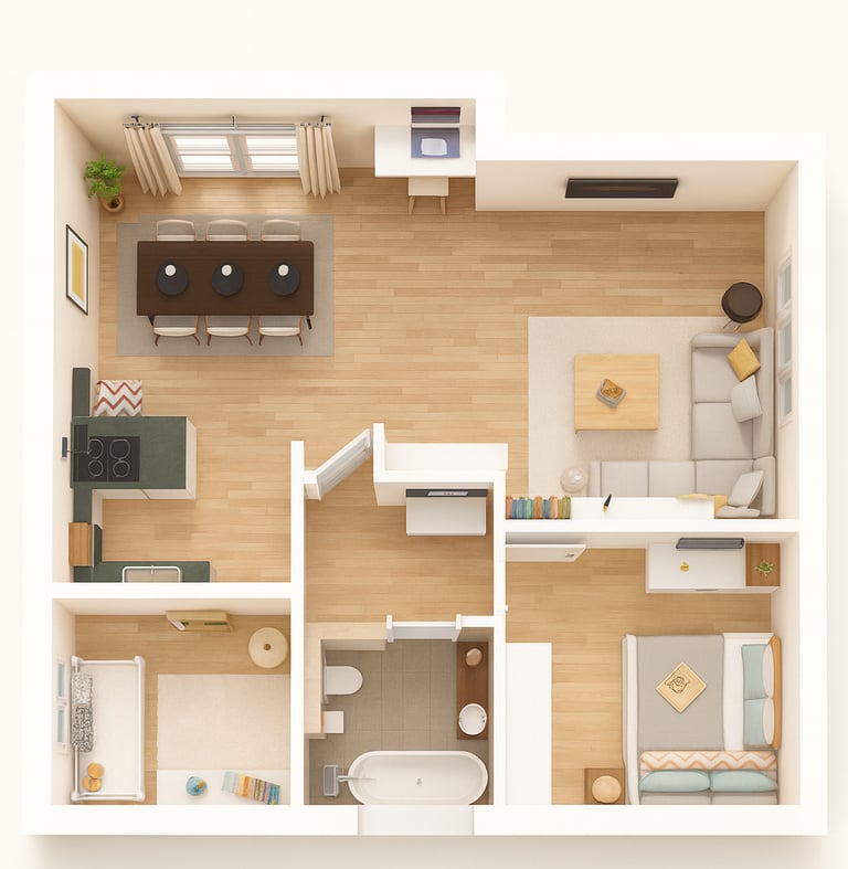 Detailed 3D floor plan layout for a two-bedroom apartment (2+1) in Alanya city center