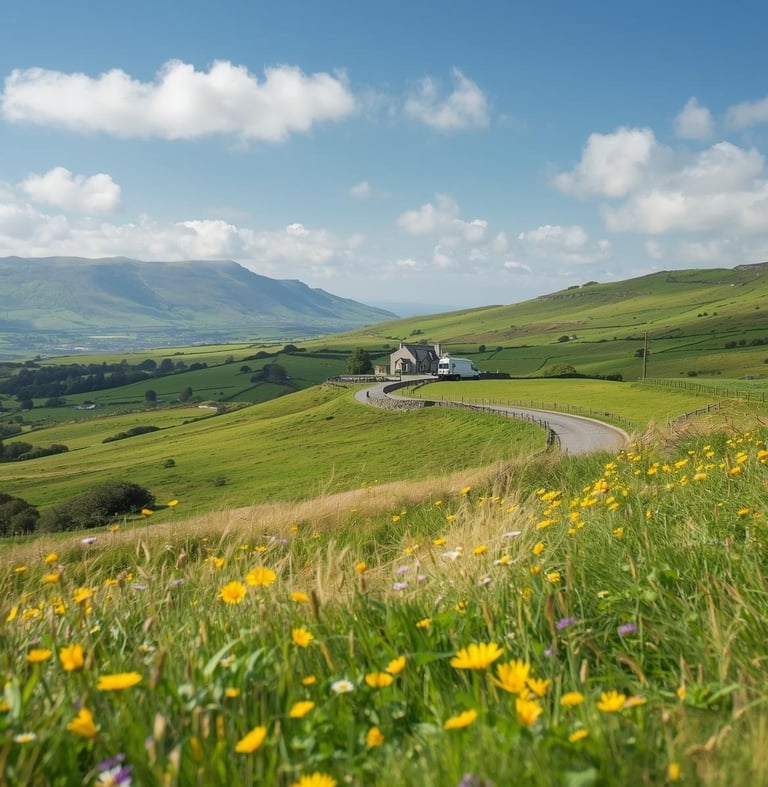 a distant view of a rural property with a house clearance van parked to the side