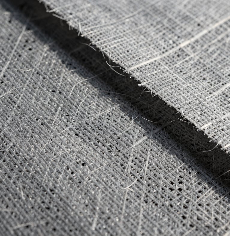 Extreme close-up macro photography of gray non-woven geotextile fibers, showing highly detailed synthetic web structure, bright natural daylight, crisp high-contrast shadows emphasizing material texture.