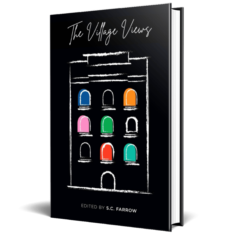 A black book cover with a while line drawing of a multi storey apartment building with different coloured windows