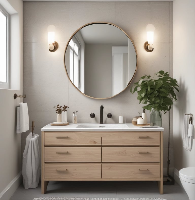 Modern bathroom with a wooden vanity and arched mirror.
