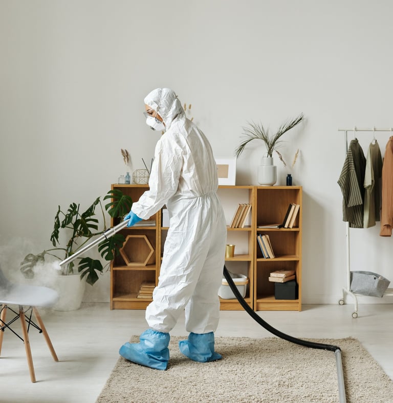 un técnico fumigador con traje y equipo
