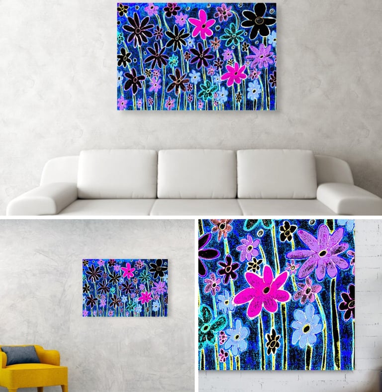 Digital image of a canvas prints hanging on a wall over a couch, bedside a chair and on a wall.  