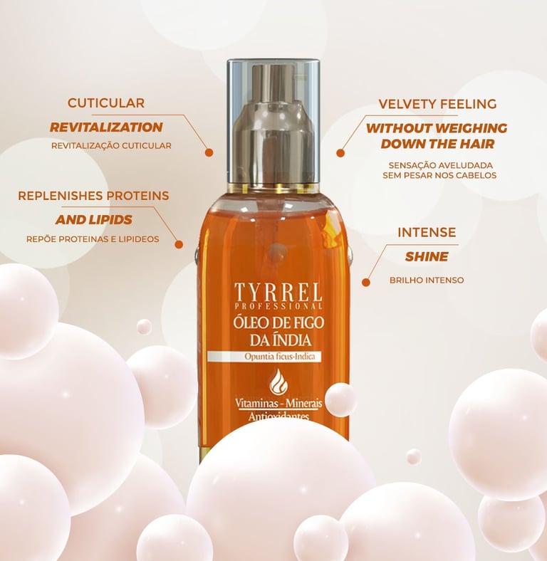 a bottle of hair oil with a description of the product