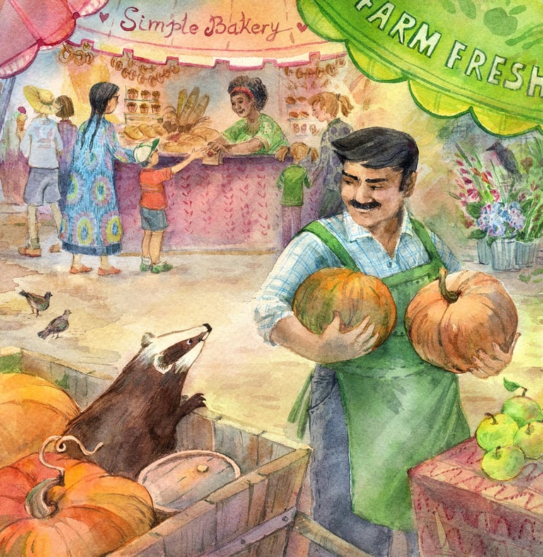 a man holding a pumpkin in a market with badger looking at him in watercolor by olga tenyakova