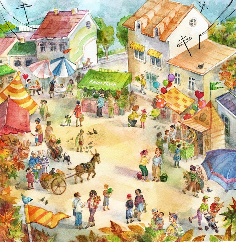 a town square market with people walking around by olga tenyakova
