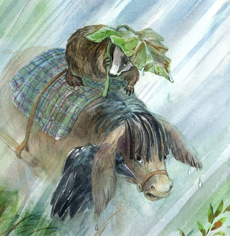 a badger is sitting on a donkey in the rain drawn with watercolor by olga tenyakova
