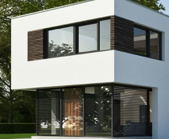 a modern house with a wooden exterior and a large window