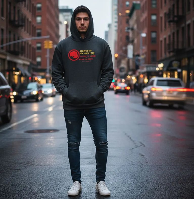 ragazzo che indossa una felpa col cappuccio col logo del blog in mezzo a una strada