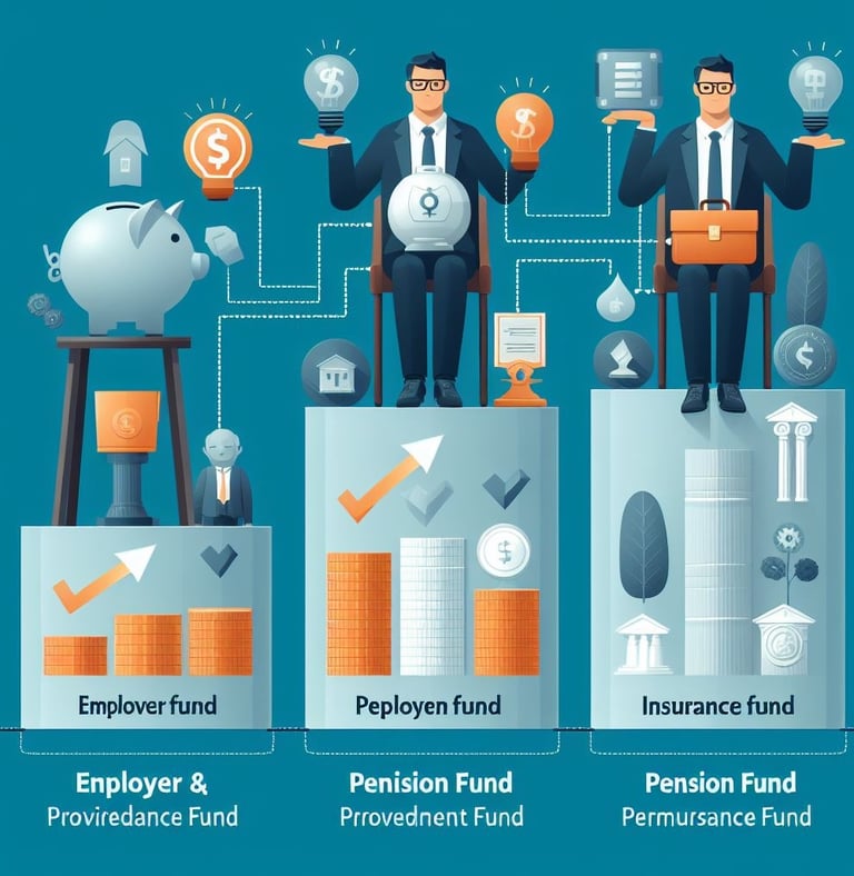 Graphical representation of employer and employee contributions to provident fund, pension fund, and insurance fund.