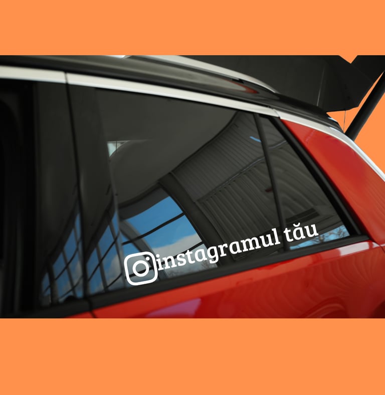 Custom white vinyl Instagram username sticker applied to a red car window for social media promotion.