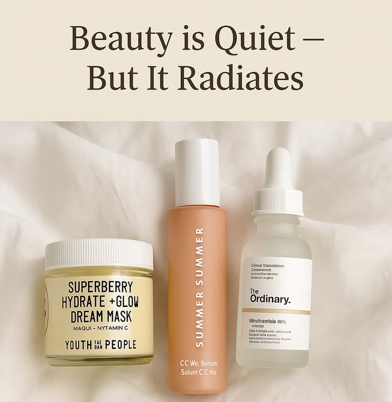 Three glow-boosting skincare products — Youth to the People Dream Mask, Summer Fridays CC Serum, and