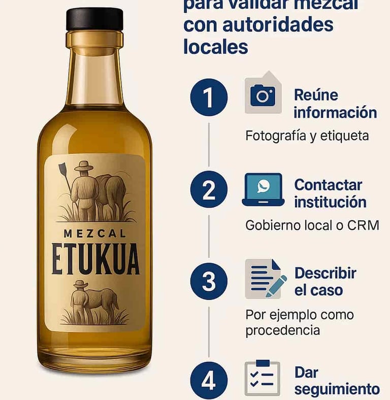 nfografía que muestra los 4 pasos para verificar un mezcal con autoridades: reunir información, cont