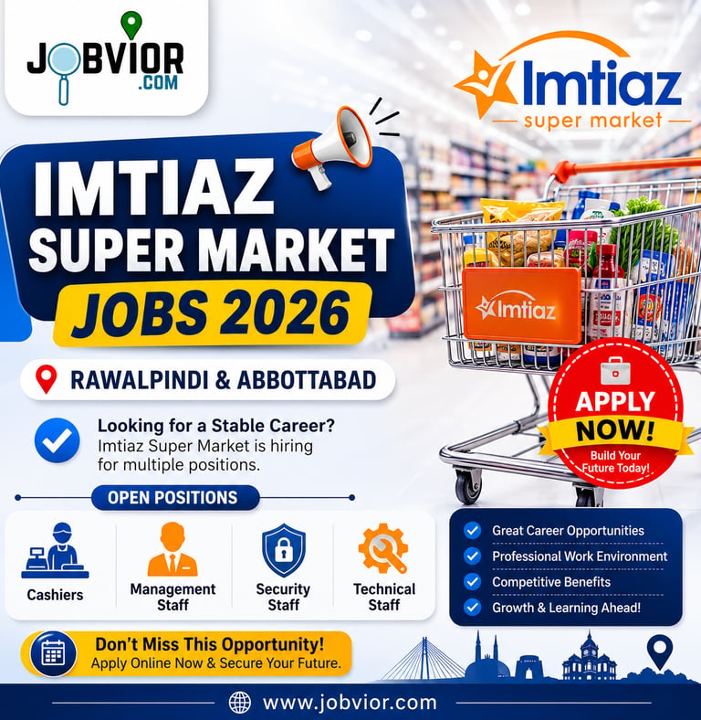 Jobvior social media poster for Imtiaz Super Market Jobs 2026 in Rawalpindi and Abbottabad,