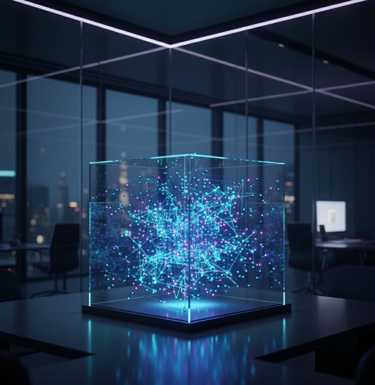 A glowing holographic data cube displaying a neural network visualization in a modern dark office.