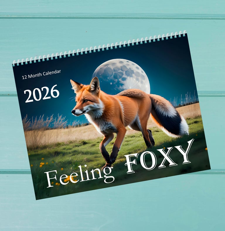 a artisticcalendar with a picture of a fox in front of a large moon