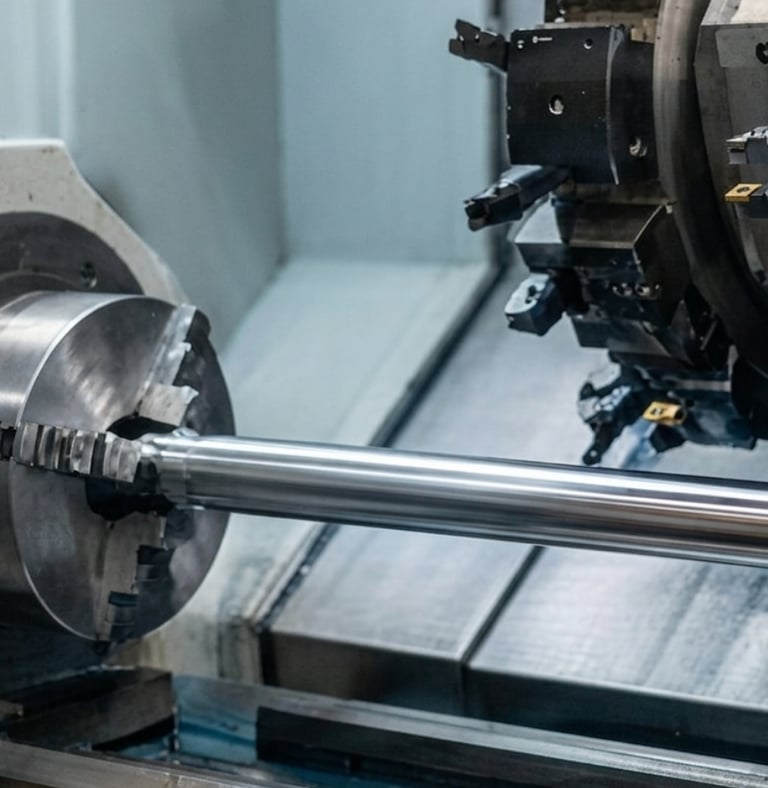 Precision CNC lathe machine machining a metal cylinder part in an industrial manufacturing workshop.