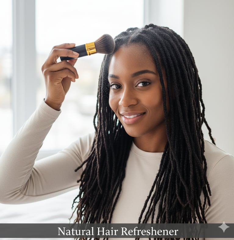 a BLACK WOMAN USING BACK2NATURALNESS DRY SHAMPOO POWDER TO REFRESH HER LOCS 