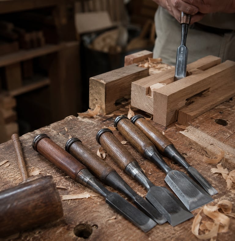 A woodworker uses a sharp hand chisel to carve a mortise joint in a rustic woodworking shop.