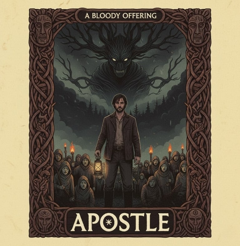a poster of a man standing in front of a poster of APOSTLE - A Bloody Offering