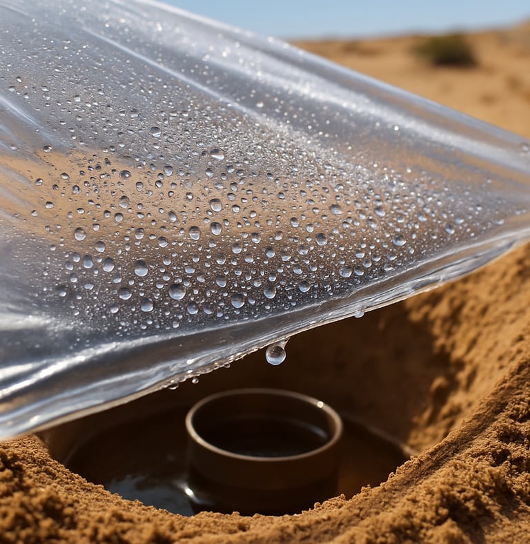Solar still setup with plastic sheet collecting water from soil pit
