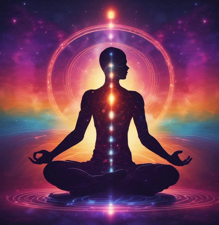 a man sitting in meditation position with a glowing light