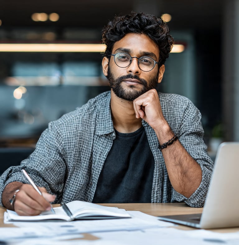 Professional man with glasses working at a desk with a laptop and taking notes in a modern office.