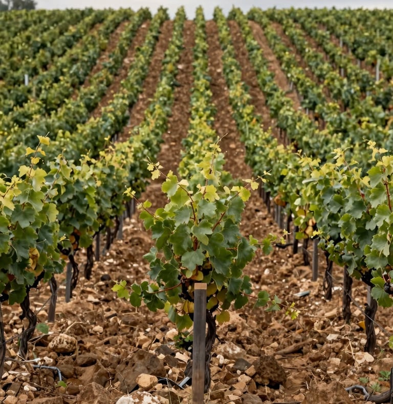 Close panoramic view of vineyard rows in León's meseta, stony clay soil visible between vines, overcast northern light, low horizon, no people, muted greens and ochres