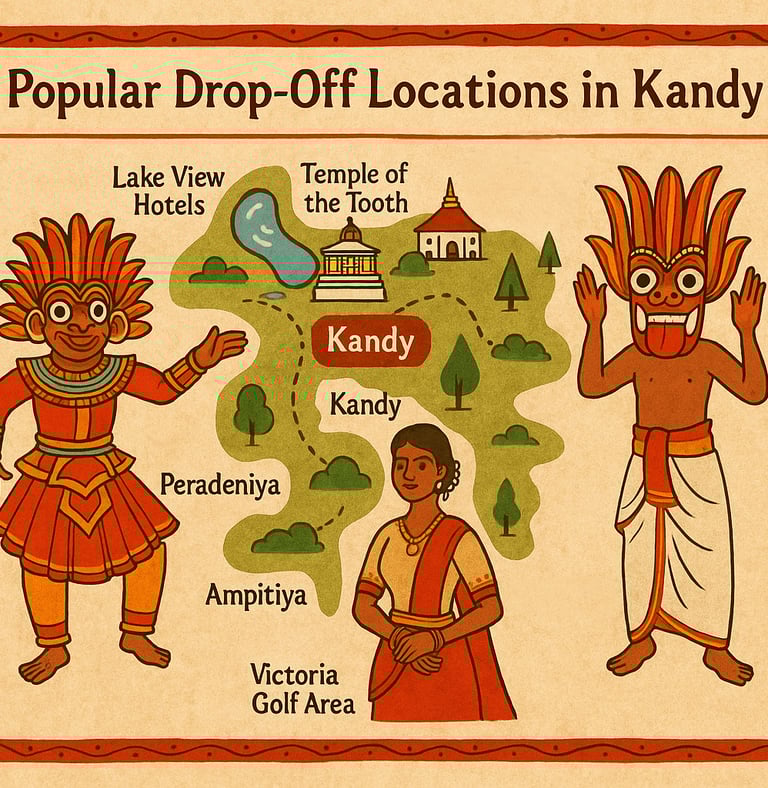 Illustrated map of popular drop-off locations in Kandy including Temple of the Tooth.