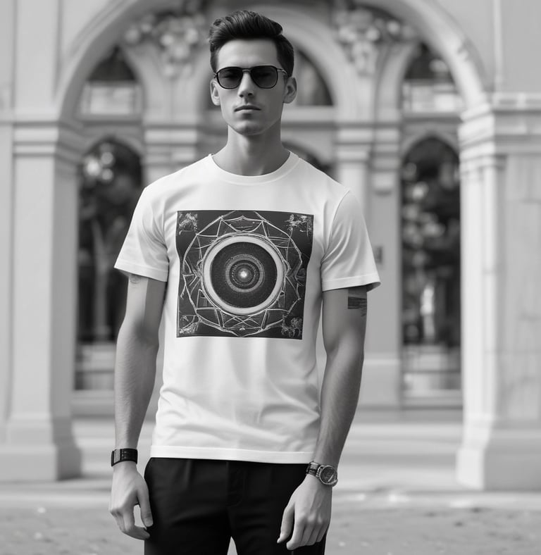 A vibrant white and red trendy t-shirt displayed on a wooden hanger with a Palangka Raya backdrop