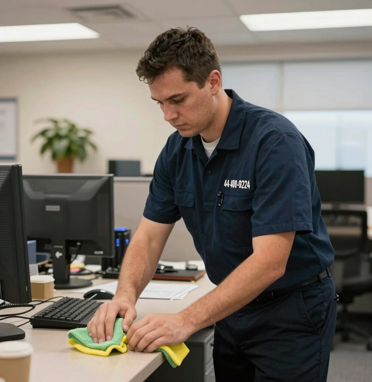 A friendly Jacksonville CleanPro team member carefully cleaning an office desk with natural light streaming through the window.