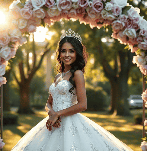 a woman in a quinceañera dress