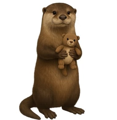 Otter holding a baby teddy bear.