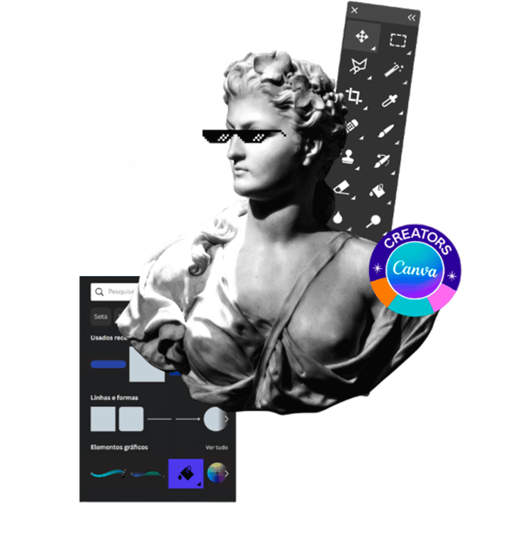 estátua grega com óculos escuros e menus de design do photoshop e do canva