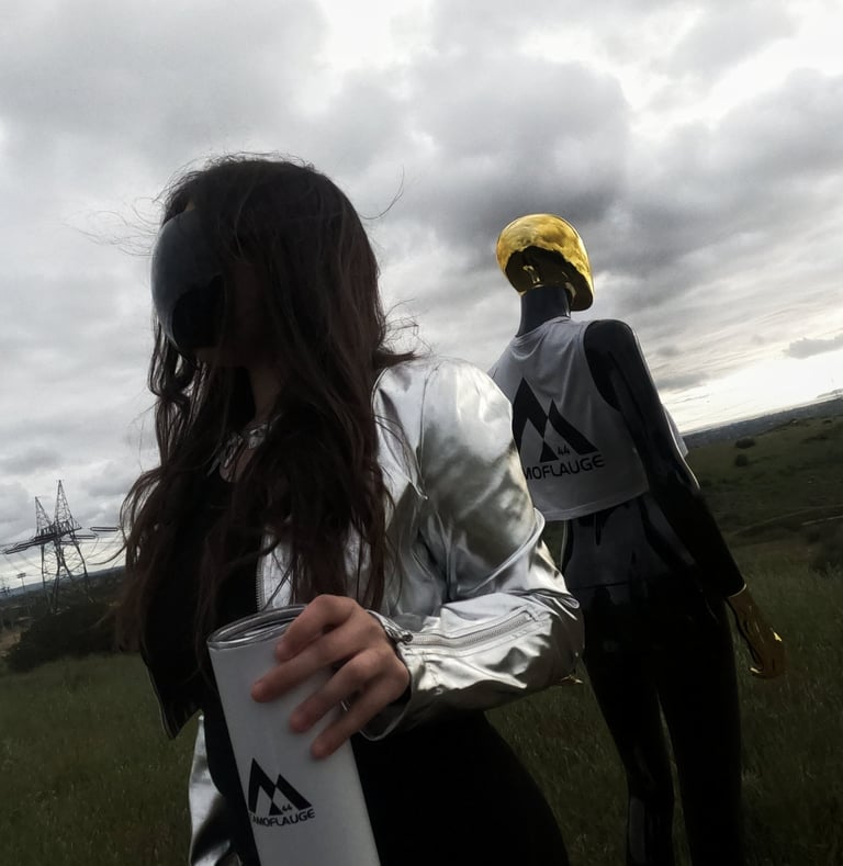 a woman in a silver jacket and a dimensional being