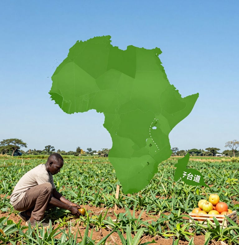 Agricultural workers and a tractor under a canopy in a green field for sustainable farming.
