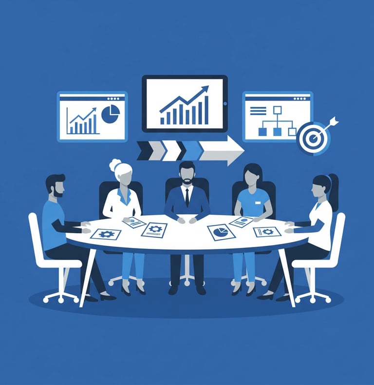 Healthcare consultants presenting strategic recommendations to diverse group of agency owners