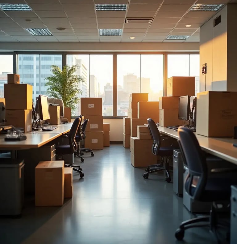 a packed office space with a desk and boxes of boxes