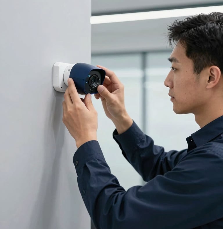 A professional technician in a modern International English office environment carefully installing a sleek, navy blue security camera on a light grey wall, bright daylight, professional corporate atmosphere.
