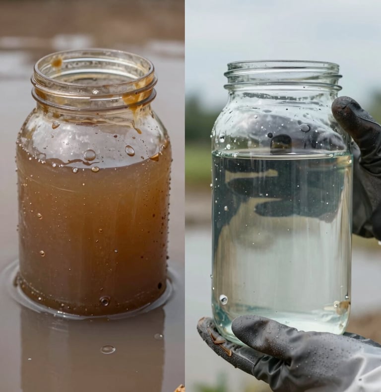 Close-up split-frame comparison: left half shows murky brown industrial effluent collected in a sampling jar, right half shows the same jar filled with clear treated water, held by gloved hands at a remediation site under flat overcast daylight