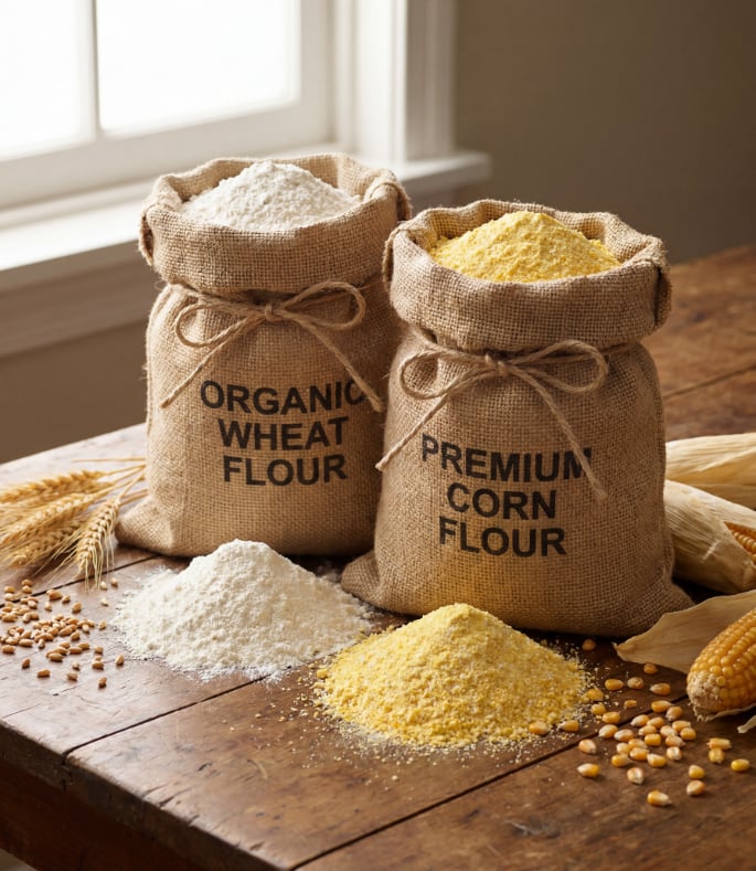 Burlap sacks of organic wheat flour and premium corn flour on a rustic wooden table with grain.