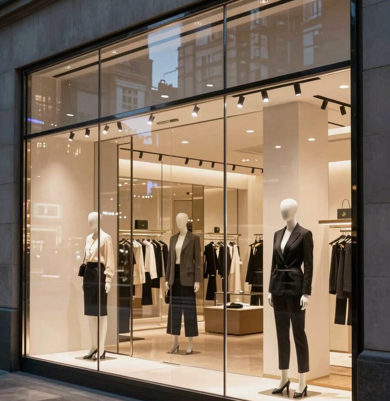 Wide-angle exterior shot of a luxury retail storefront illuminated at night, showing flawless optical clarity with no visible distortion through the protective glazing, sharp reflections of city lights on the pristine surface.
