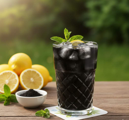 Verre de limonade au charbon garni avec fuille de menthe et rondelles de citron sur table avec les i