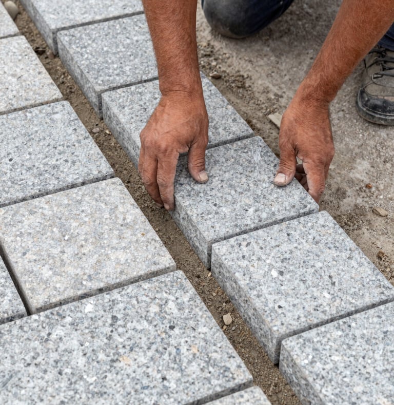 Tight overhead shot of stone paving installation in progress, worker hands placing granite sett blocks into a sand bed, natural daylight, aggregate texture and joint lines sharp, construction site context visible at frame edges