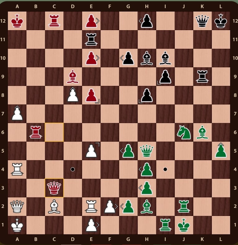 Problema Quaternity en un tablero de 12x12 con 144 casillas y 4 ejercitos de colores. Mueven negras